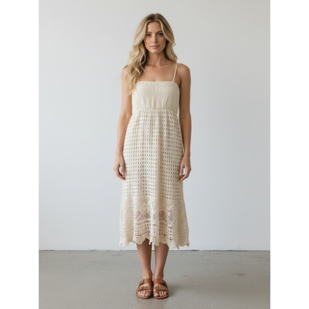 4/$40 Biographie Cream Spaghetti Strap Midi Lace Knit‎ Crochet Dress